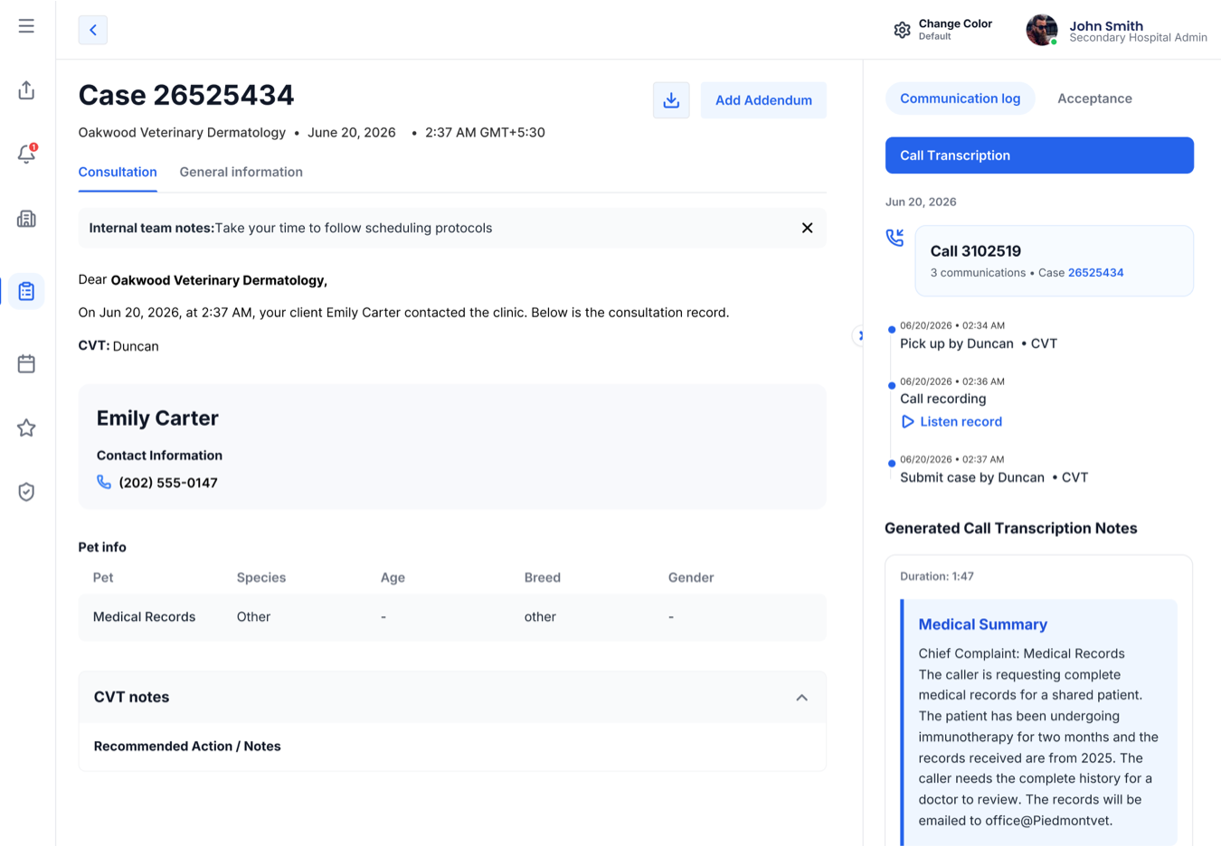 Call Transcription and Communication Log