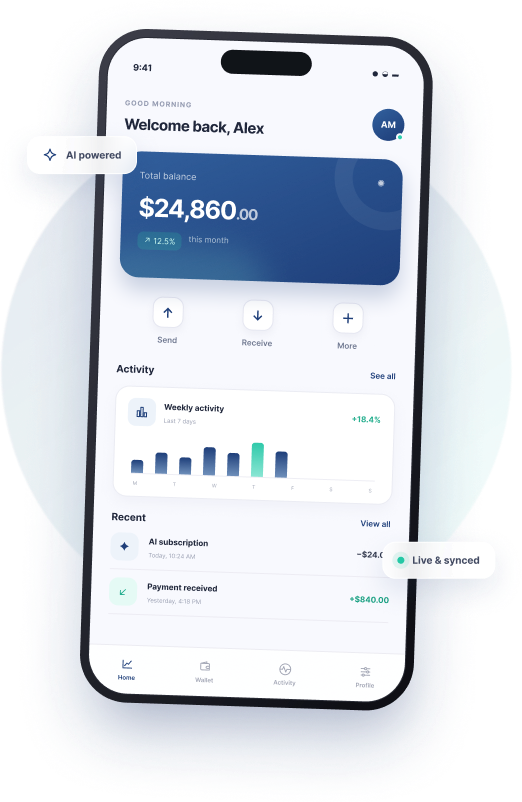 React Native mobile app showing an account balance, weekly activity chart, and recent transactions, with AI-powered and live-sync indicators