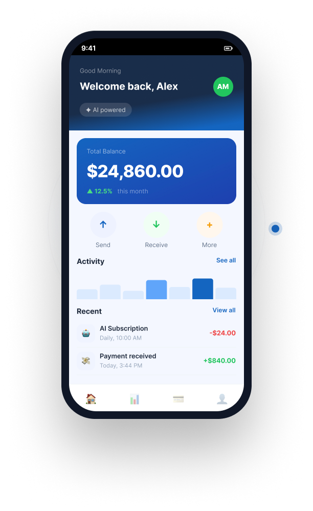 Mobile banking app home screen with total balance, weekly activity chart and recent transactions