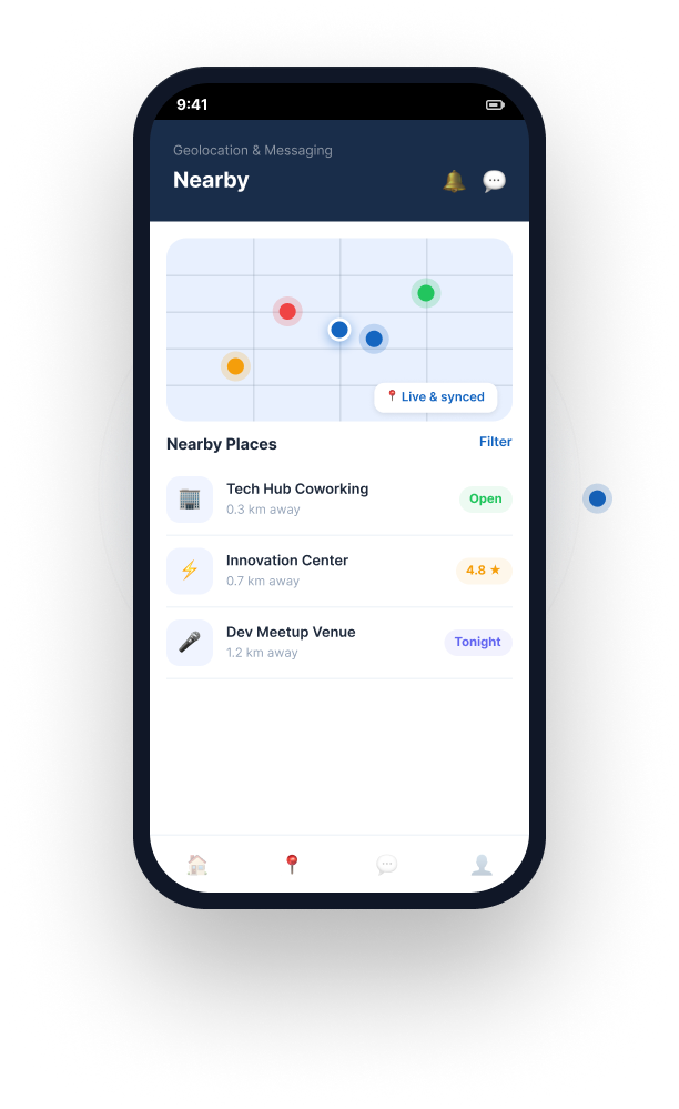 Geolocation screen with a live map and a list of nearby places