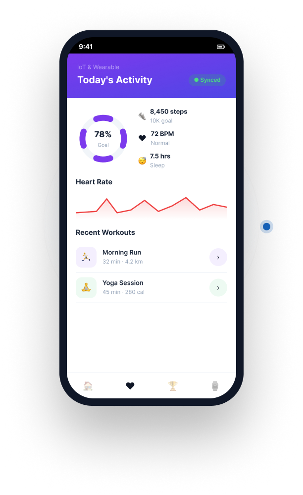 Wearable-synced activity screen with step goal, heart rate and recent workouts